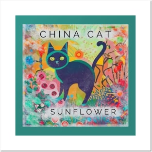 China Cat Sunflower Colorful Cartoon kitty with flowers Posters and Art